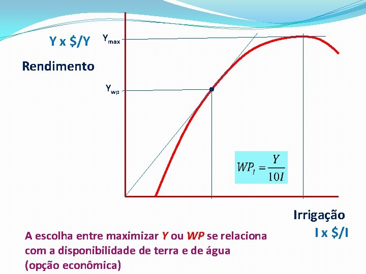 Y x $/Y Ymax Rendimento Ywp A escolha entre maximizar Y ou WP se