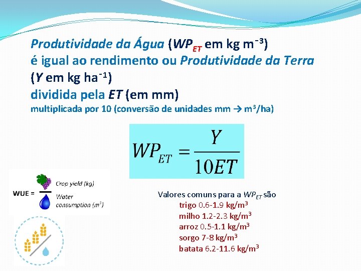 Produtividade da Água (WPET em kg m‑ 3) é igual ao rendimento ou Produtividade