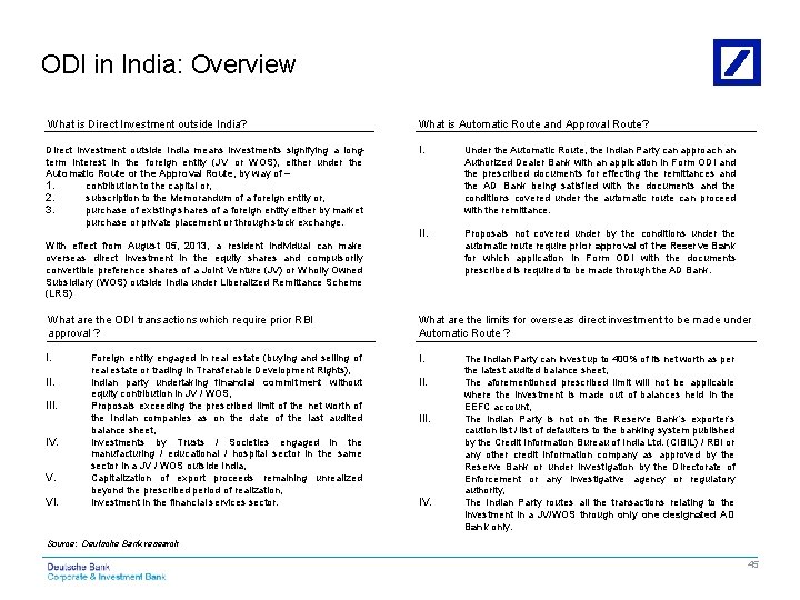 ODI in India: Overview What is Direct Investment outside India? What is Automatic Route