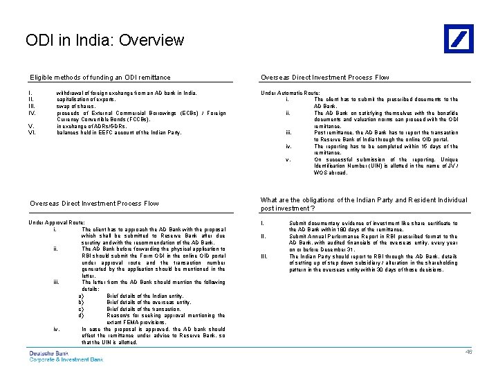 ODI in India: Overview Eligible methods of funding an ODI remittance Overseas Direct Investment