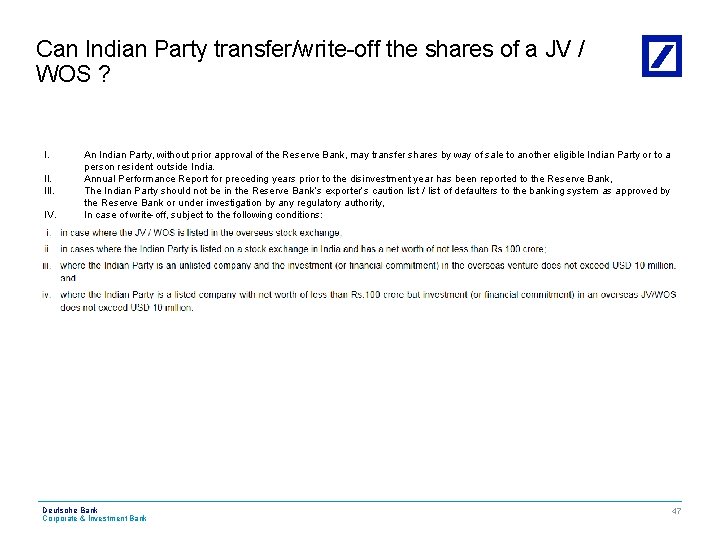 Can Indian Party transfer/write-off the shares of a JV / WOS ? I. III.