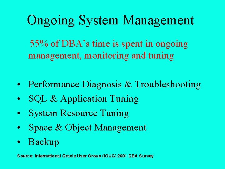 Ongoing System Management 55% of DBA’s time is spent in ongoing management, monitoring and