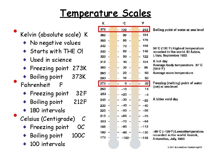 Temperature Scales • • • Kelvin (absolute scale) K ♦ No negative values ♦