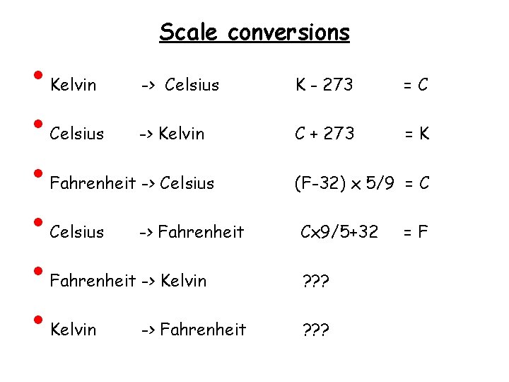  • • • Scale conversions Kelvin -> Celsius K - 273 =C Celsius