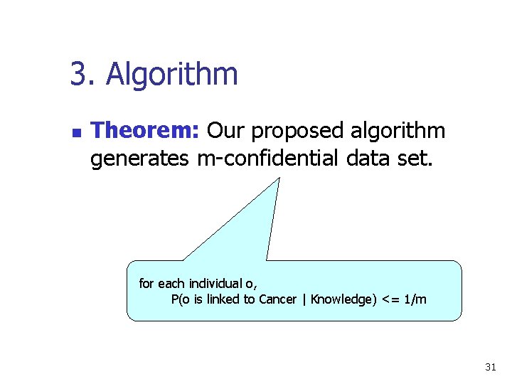 3. Algorithm n Theorem: Our proposed algorithm generates m-confidential data set. for each individual