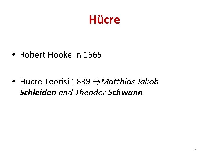 Hücre • Robert Hooke in 1665 • Hücre Teorisi 1839 →Matthias Jakob Schleiden and