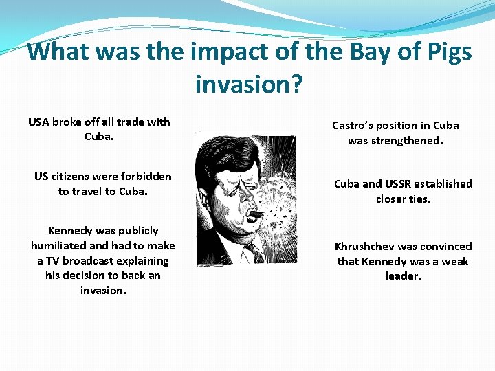 What was the impact of the Bay of Pigs invasion? USA broke off all