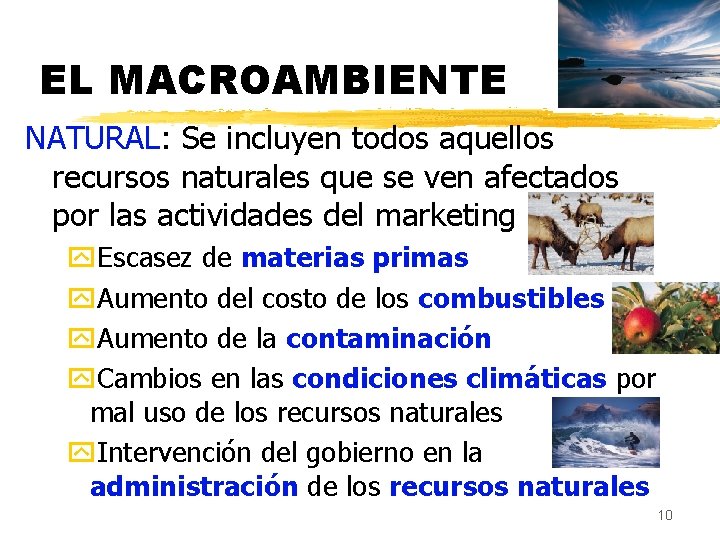 EL MACROAMBIENTE NATURAL: Se incluyen todos aquellos recursos naturales que se ven afectados por