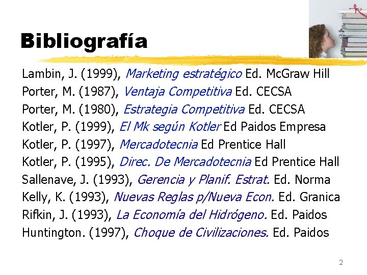 Bibliografía Lambin, J. (1999), Marketing estratégico Ed. Mc. Graw Hill Porter, M. (1987), Ventaja