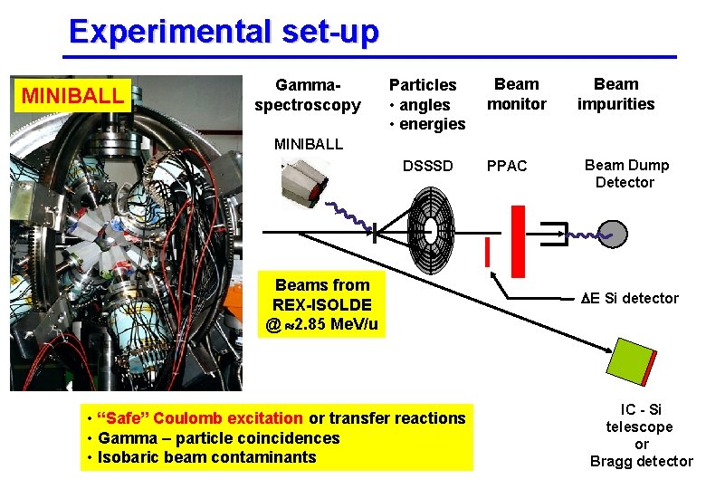 Experimental set-up MINIBALL Gammaspectroscopy Particles • angles • energies Beam monitor Beam impurities MINIBALL