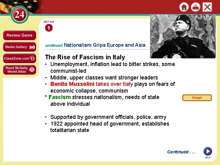 SECTION 1 continued Nationalism Grips Europe and Asia The Rise of Fascism in Italy