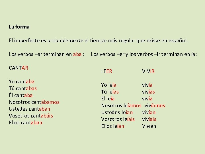 La forma El imperfecto es probablemente el tiempo más regular que existe en español.