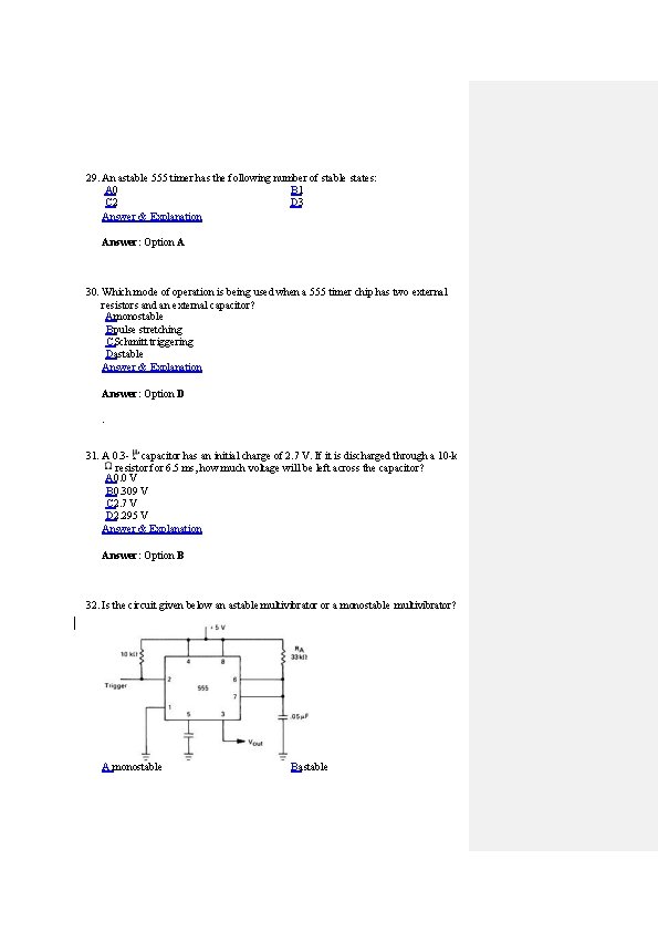 29. An astable 555 timer has the following number of stable states: A. 0