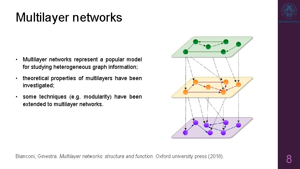 Multilayer networks • Multilayer networks represent a popular model for studying heterogeneous graph information;