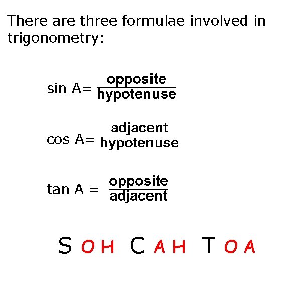 There are three formulae involved in trigonometry: sin A= cos A= tan A =