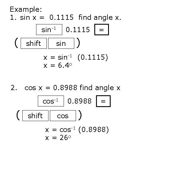 Example: 1. sin x = 0. 1115 find angle x. sin-1 ( shift 0.