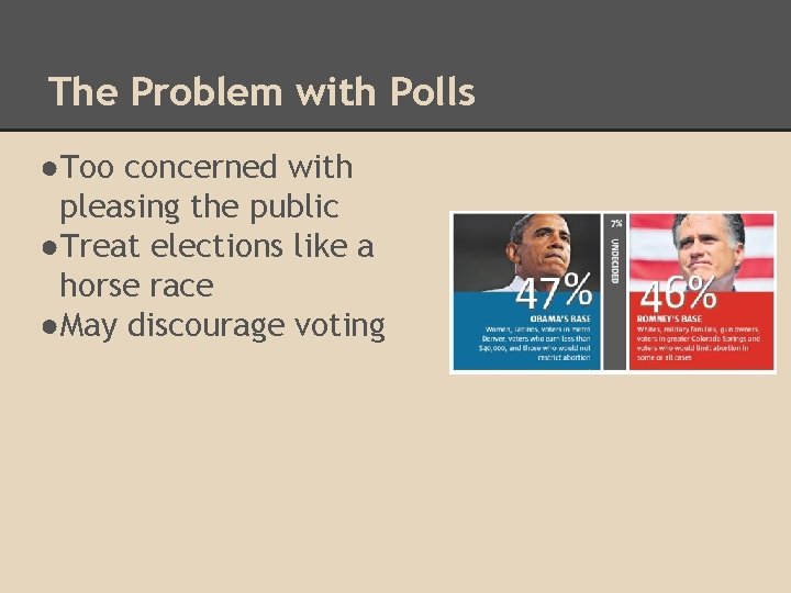 The Problem with Polls ●Too concerned with pleasing the public ●Treat elections like a
