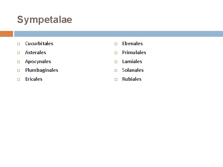 Sympetalae Cucurbitales Ebenales Asterales Primulales Apocynales Lamiales Plumbaginales Solanales Ericales Rubiales 