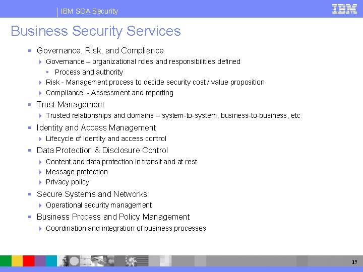 IBM SOA Security Business Security Services Governance, Risk, and Compliance Governance – organizational roles