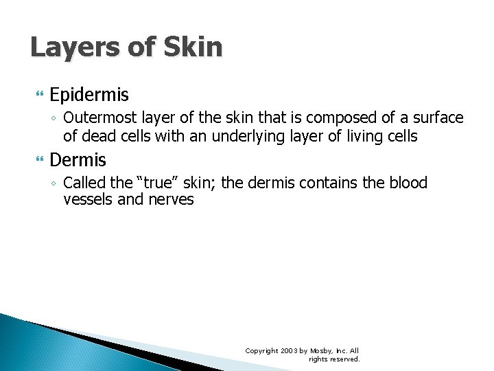 Layers of Skin Epidermis ◦ Outermost layer of the skin that is composed of