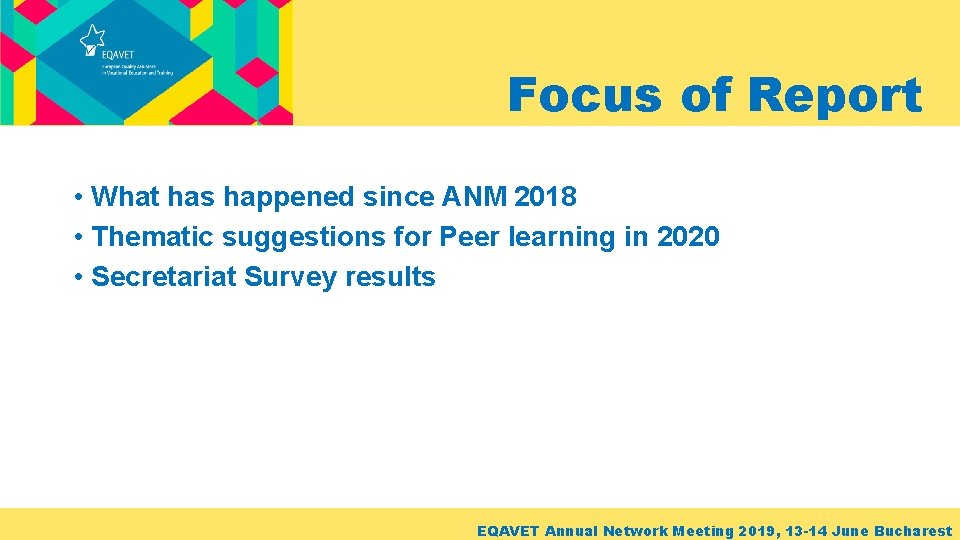 Focus of Report • What has happened since ANM 2018 • Thematic suggestions for
