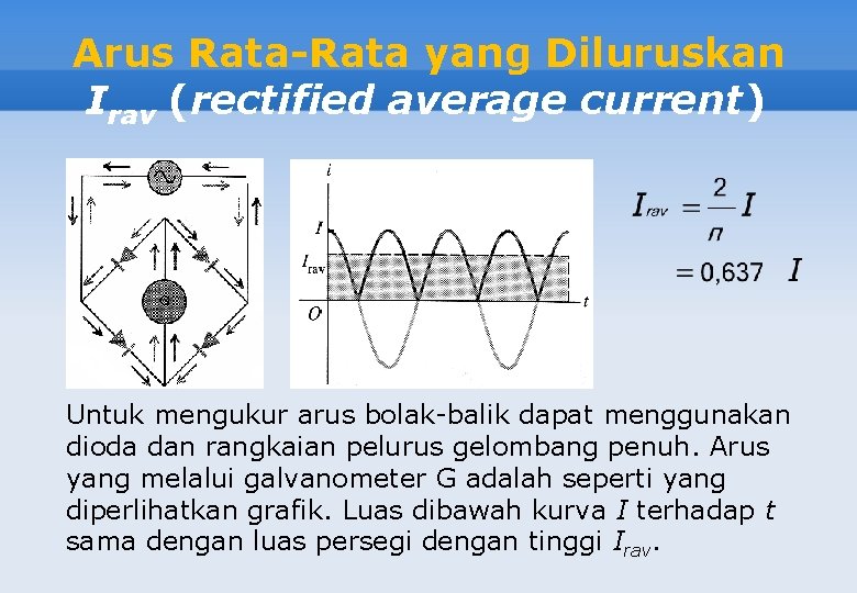 Arus Rata-Rata yang Diluruskan Irav (rectified average current) Untuk mengukur arus bolak-balik dapat menggunakan