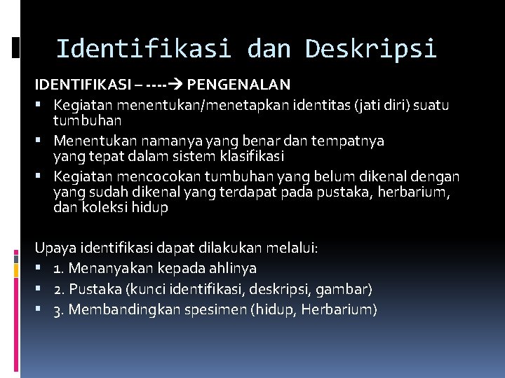 Identifikasi dan Deskripsi IDENTIFIKASI – ---- PENGENALAN Kegiatan menentukan/menetapkan identitas (jati diri) suatu tumbuhan