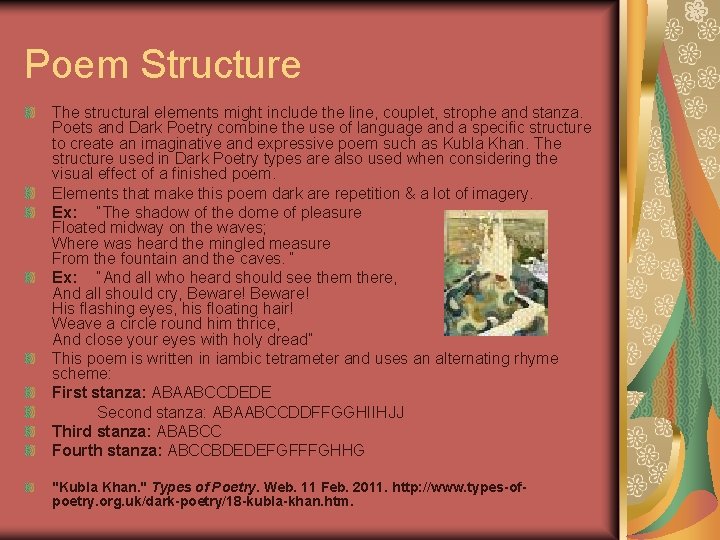 Poem Structure The structural elements might include the line, couplet, strophe and stanza. Poets
