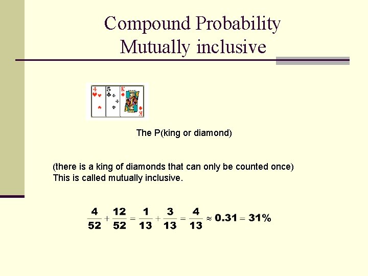 Compound Probability Mutually inclusive The P(king or diamond) (there is a king of diamonds