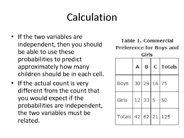 Calculation • If the two variables are independent, then you should be able to