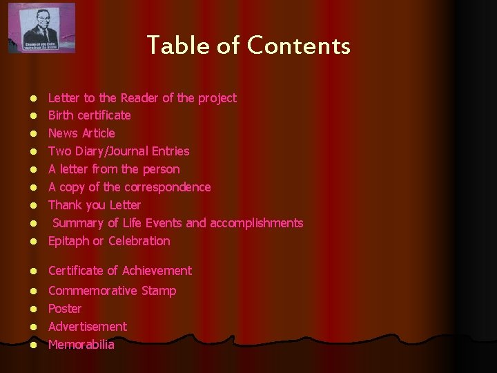 Table of Contents l Letter to the Reader of the project Birth certificate News