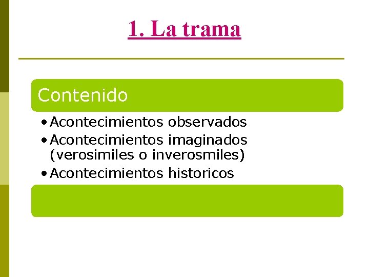 1. La trama Contenido • Acontecimientos observados • Acontecimientos imaginados (verosimiles o inverosmiles) •