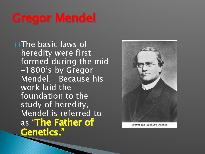 Gregor Mendel � The basic laws of heredity were first formed during the mid