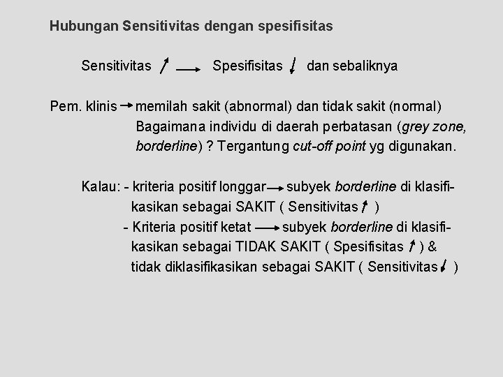 Hubungan Sensitivitas dengan spesifisitas Sensitivitas Pem. klinis Spesifisitas dan sebaliknya memilah sakit (abnormal) dan