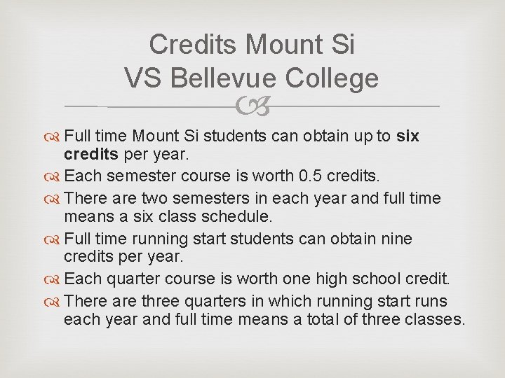 Credits Mount Si VS Bellevue College Full time Mount Si students can obtain up