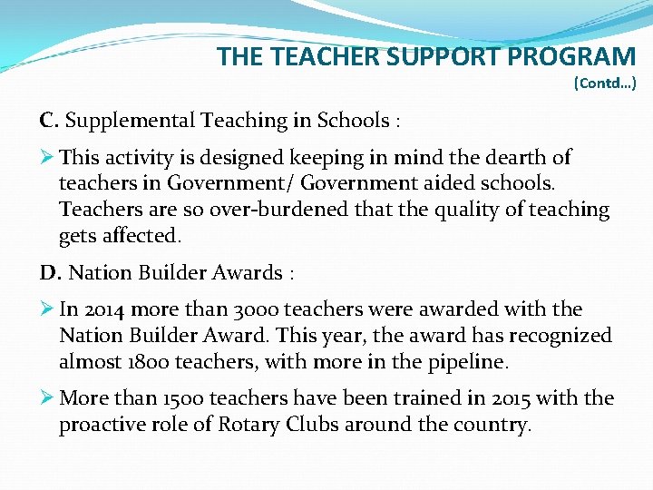 THE TEACHER SUPPORT PROGRAM (Contd…) C. Supplemental Teaching in Schools : Ø This activity