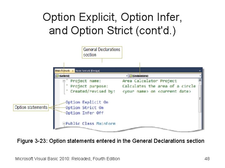 Option Explicit, Option Infer, and Option Strict (cont'd. ) Figure 3 -23: Option statements