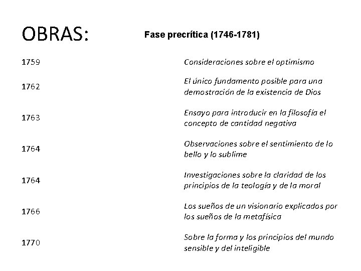 OBRAS: Fase precrítica (1746 -1781) 1759 Consideraciones sobre el optimismo 1762 El único fundamento