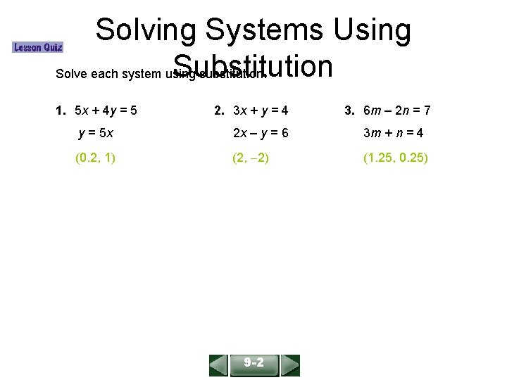 Solving Systems Using Substitution Solve each system using substitution. ALGEBRA 1 LESSON 9 -2