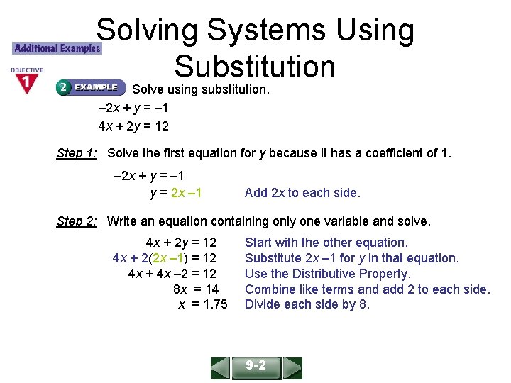 Solving Systems Using Substitution ALGEBRA 1 LESSON 9 -2 Solve using substitution. – 2