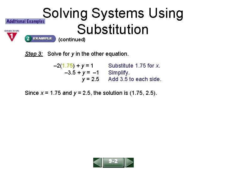Solving Systems Using Substitution ALGEBRA 1 LESSON 9 -2 (continued) Step 3: Solve for Solving Systems Using Substitution ALGEBRA 1 LESSON 9 -2 (continued) Step 3: Solve for