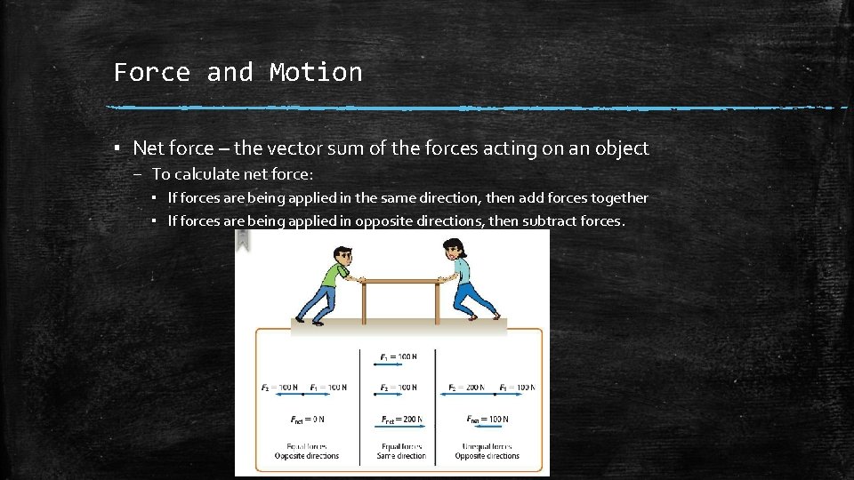 Force and Motion ▪ Net force – the vector sum of the forces acting