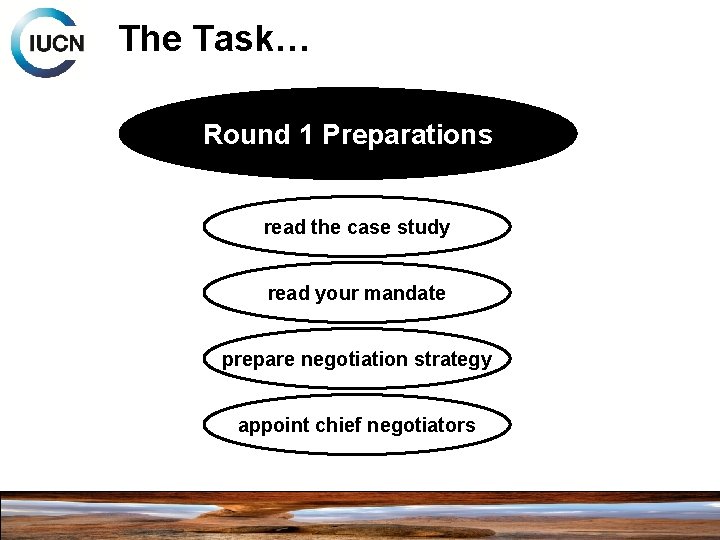 The Task… Round 1 Preparations read the case study read your mandate prepare negotiation