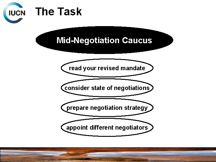 The Task Mid-Negotiation Caucus read your revised mandate consider state of negotiations prepare negotiation