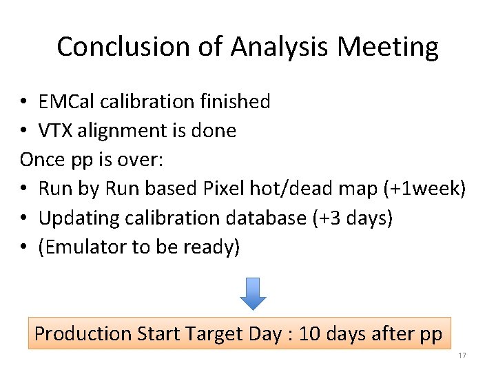 Conclusion of Analysis Meeting • EMCal calibration finished • VTX alignment is done Once