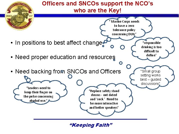 Officers and SNCOs support the NCO’s who are the Key! “ Marine Corps needs