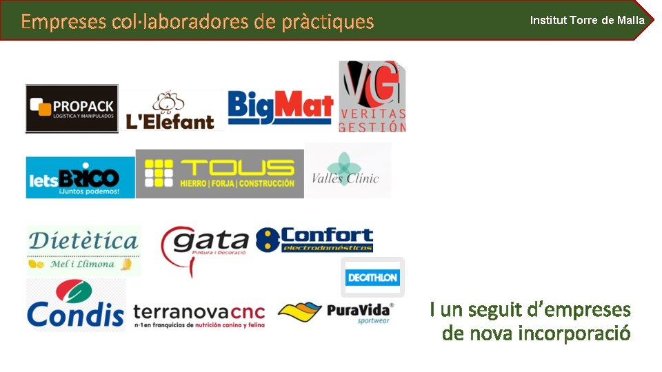 Empreses col·laboradores de pràctiques Institut Torre de Malla I un seguit d’empreses de nova