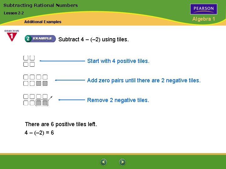 Subtracting Rational Numbers Lesson 2 -2 Algebra 1 Additional Examples Subtract 4 – (–