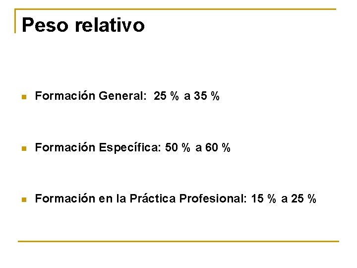 Peso relativo n Formación General: 25 % a 35 % n Formación Específica: 50