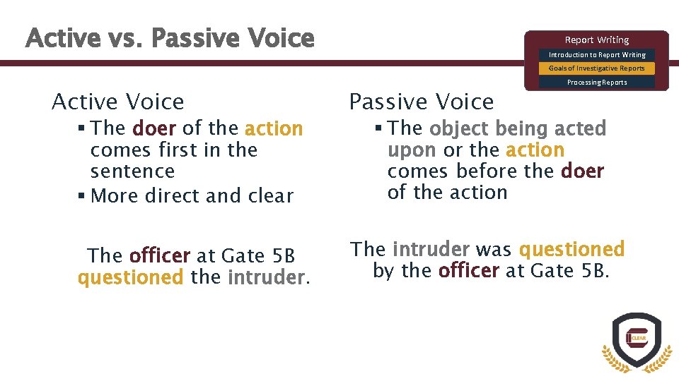 Active vs. Passive Voice Report Writing Introduction to Report Writing Goals of Investigative Reports